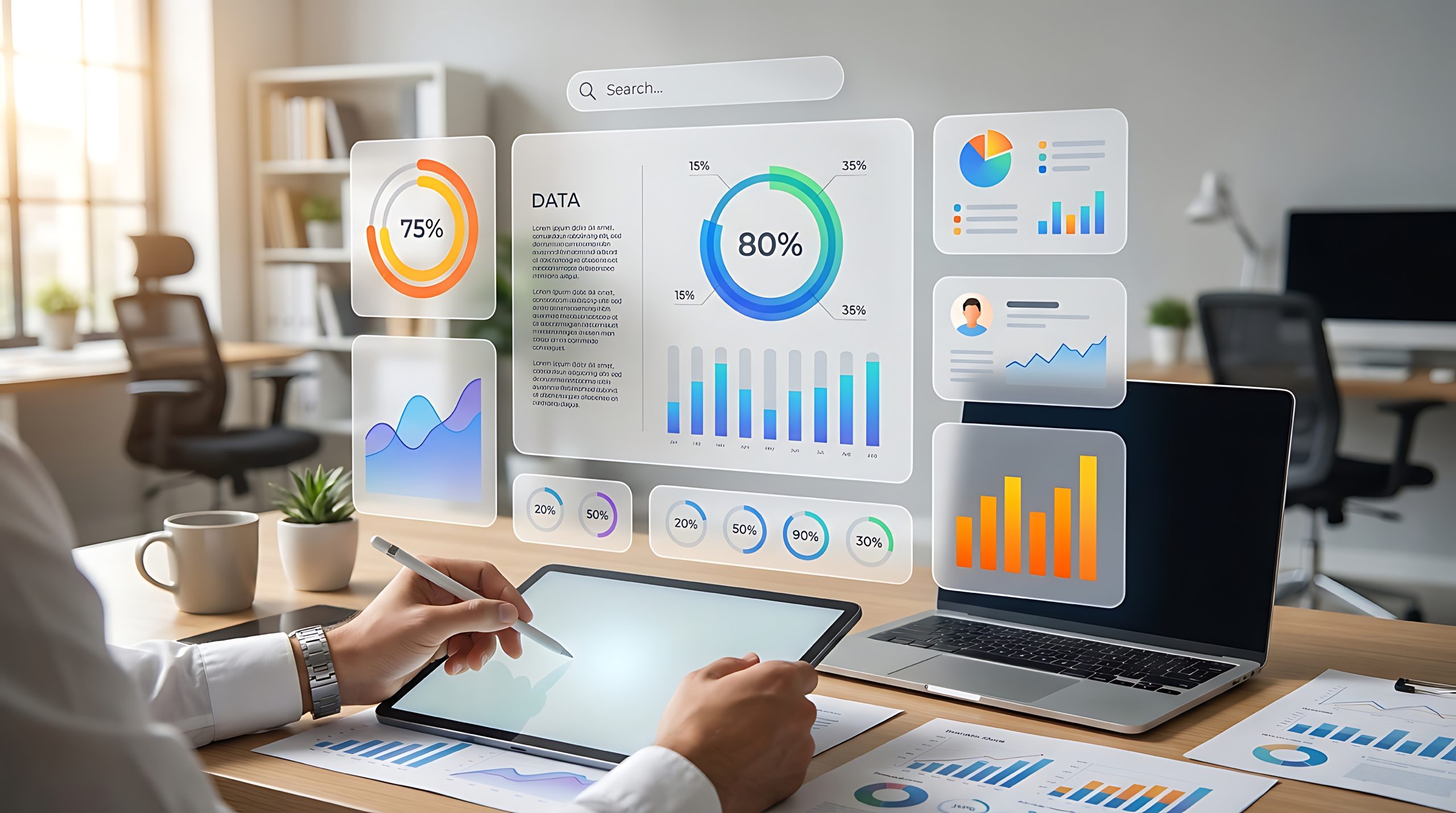 business analyst analyzing financial data and charts on a futuristic holographic interface, interacting with a tablet in a modern office setting.