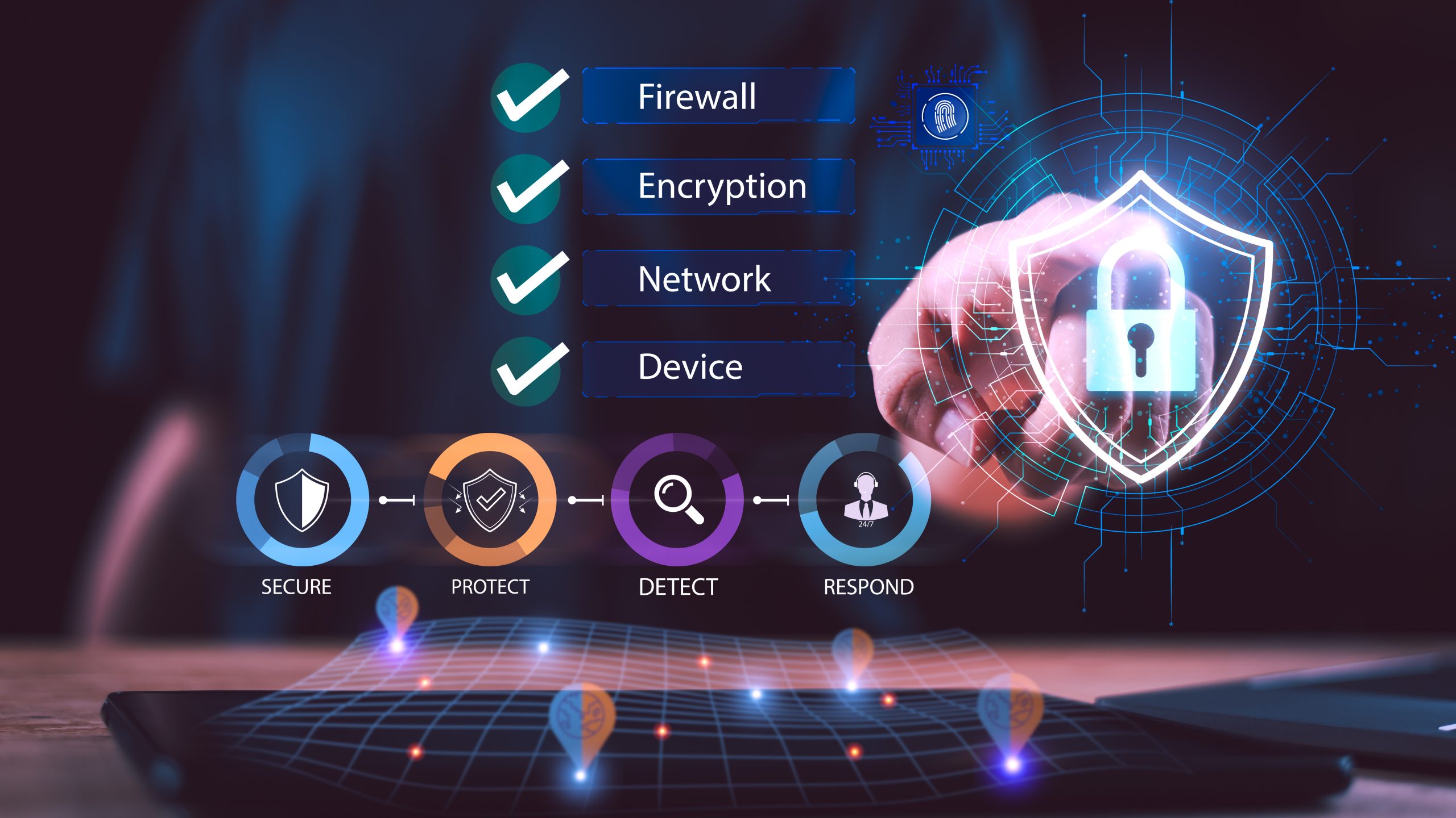 cybersecurity analyst monitoring digital protection system with firewall, encryption, and threat detection interface, highlighting secure network defense, data privacy, cyber risk management